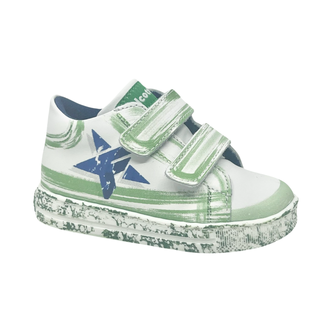 Falcotto White Velcro Baby Sneaker with Green Print - Elros