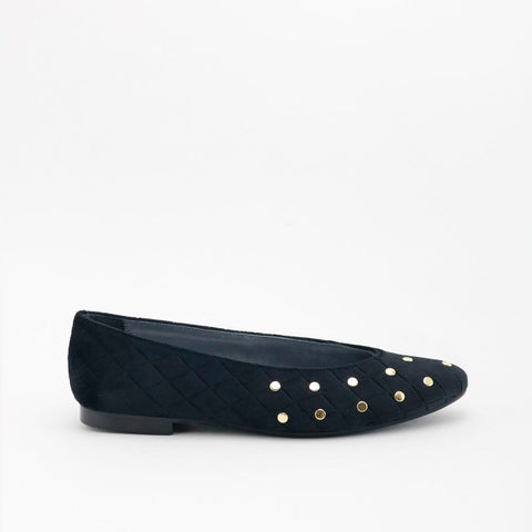 Papanatas Black Diamond Quilted Velvet Ballet Flat with Studs