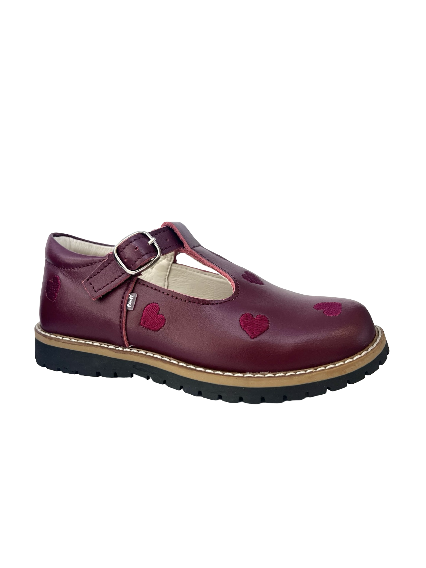 Emel Burgundy T Strap with Hearts Embroidery