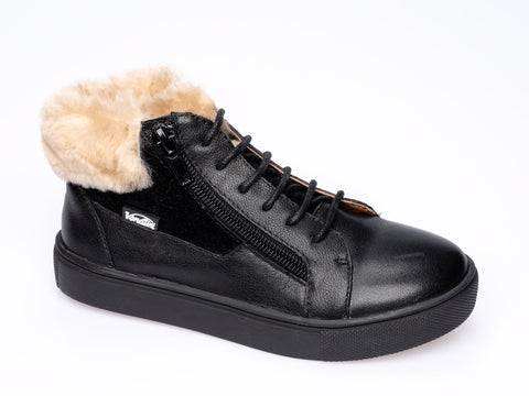 Venettini Black Laced Zip Sneaker with Fur Trim