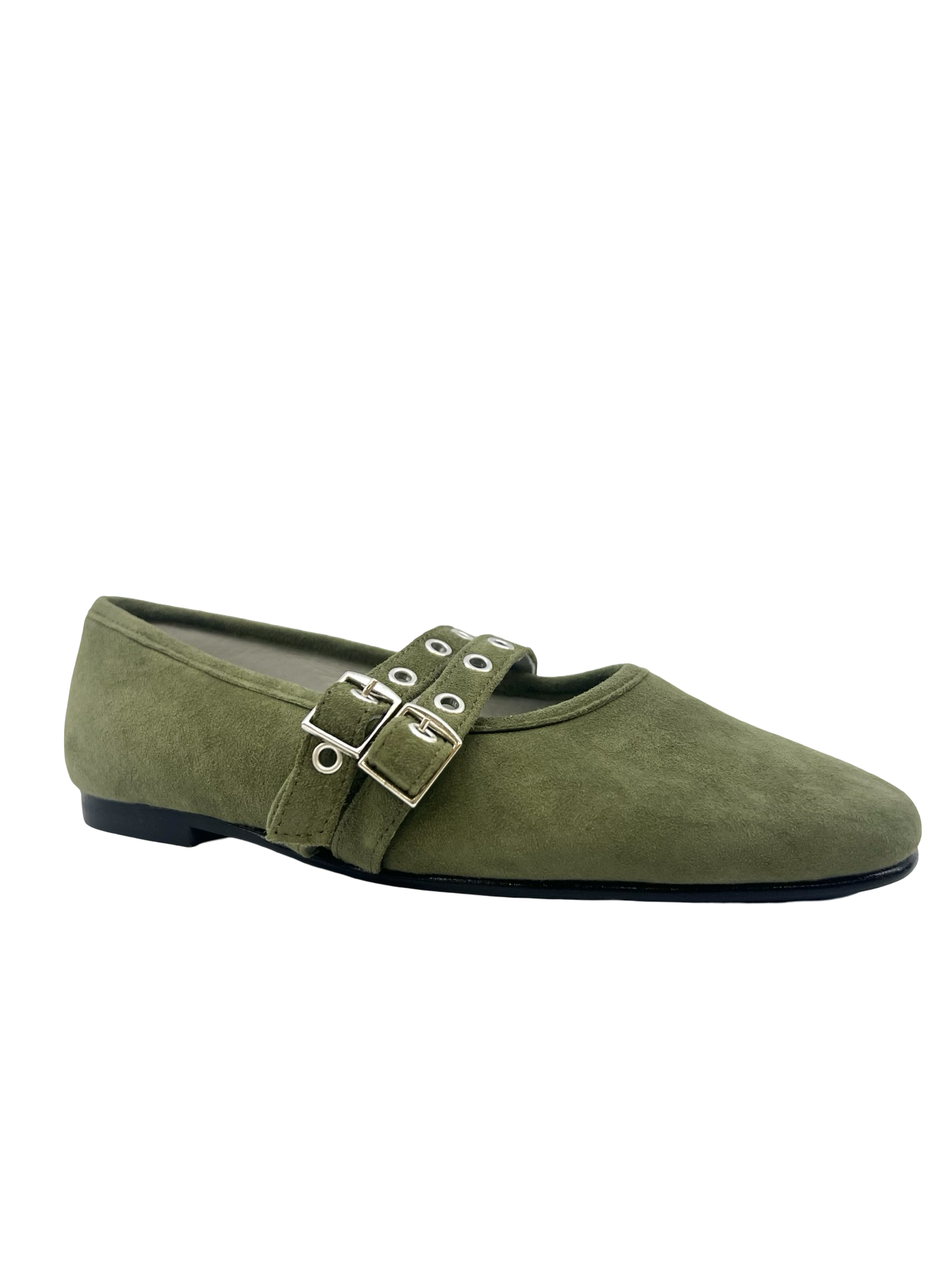 Luccini Khaki Suede Double Buckle Ballet Flat