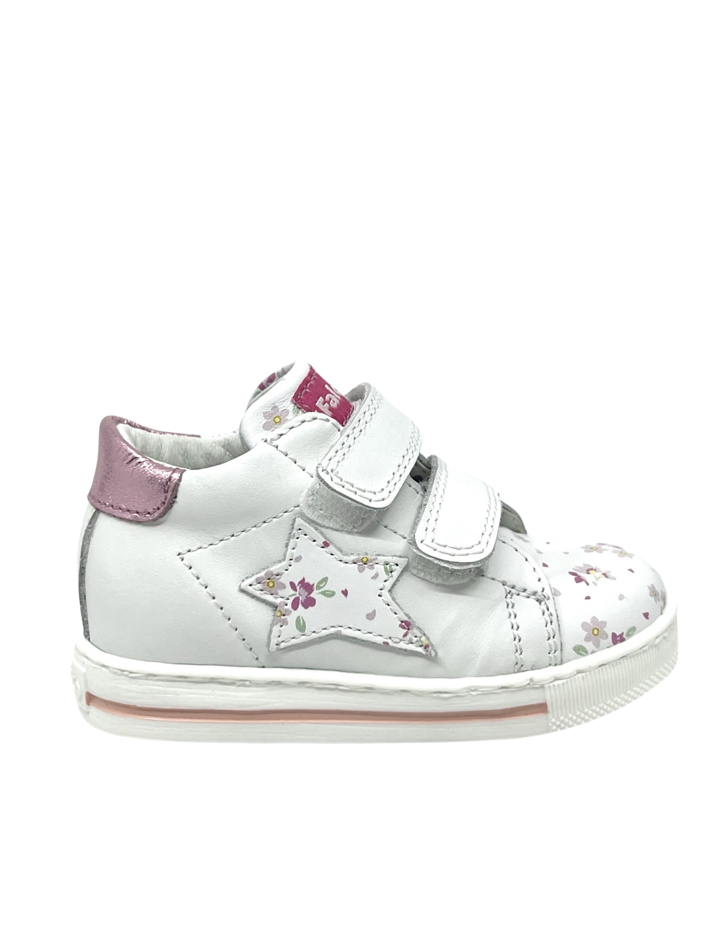 Falcotto White Double Velcro Sneaker with Pink Flowers Star - Sasha