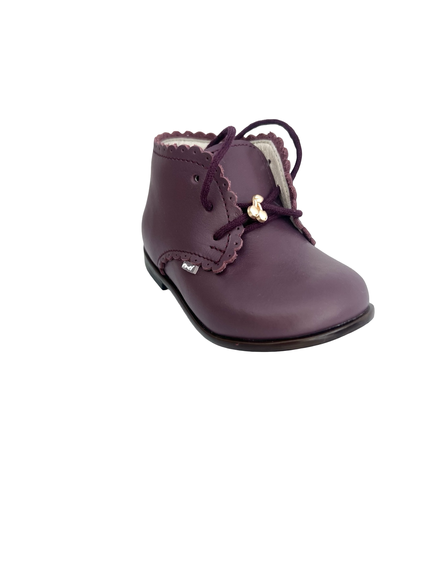 Emel Bordeaux Leather Scalloped Baby Shoe with Removable Cherry Accent