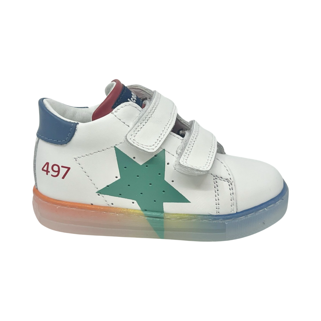 Falcotto White Velcro Baby Sneaker with Green Star - Salazar