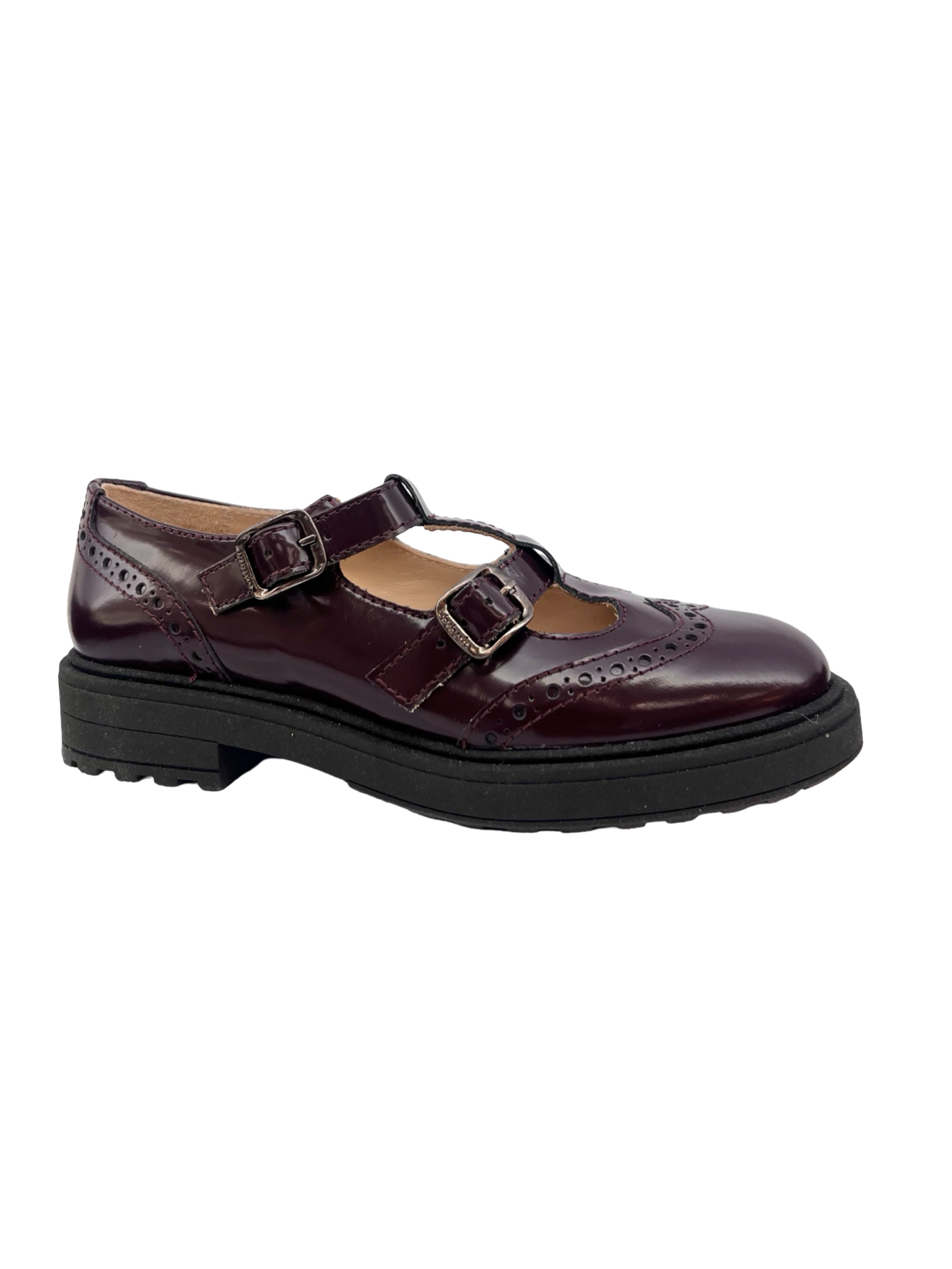 Beberlis Burgundy Double Buckle T Strap Chunky