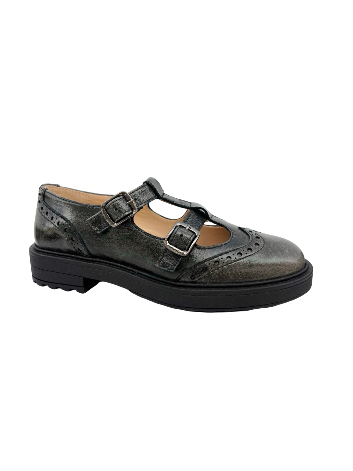 Beberlis Washed Black Double Buckle T Strap Chunky