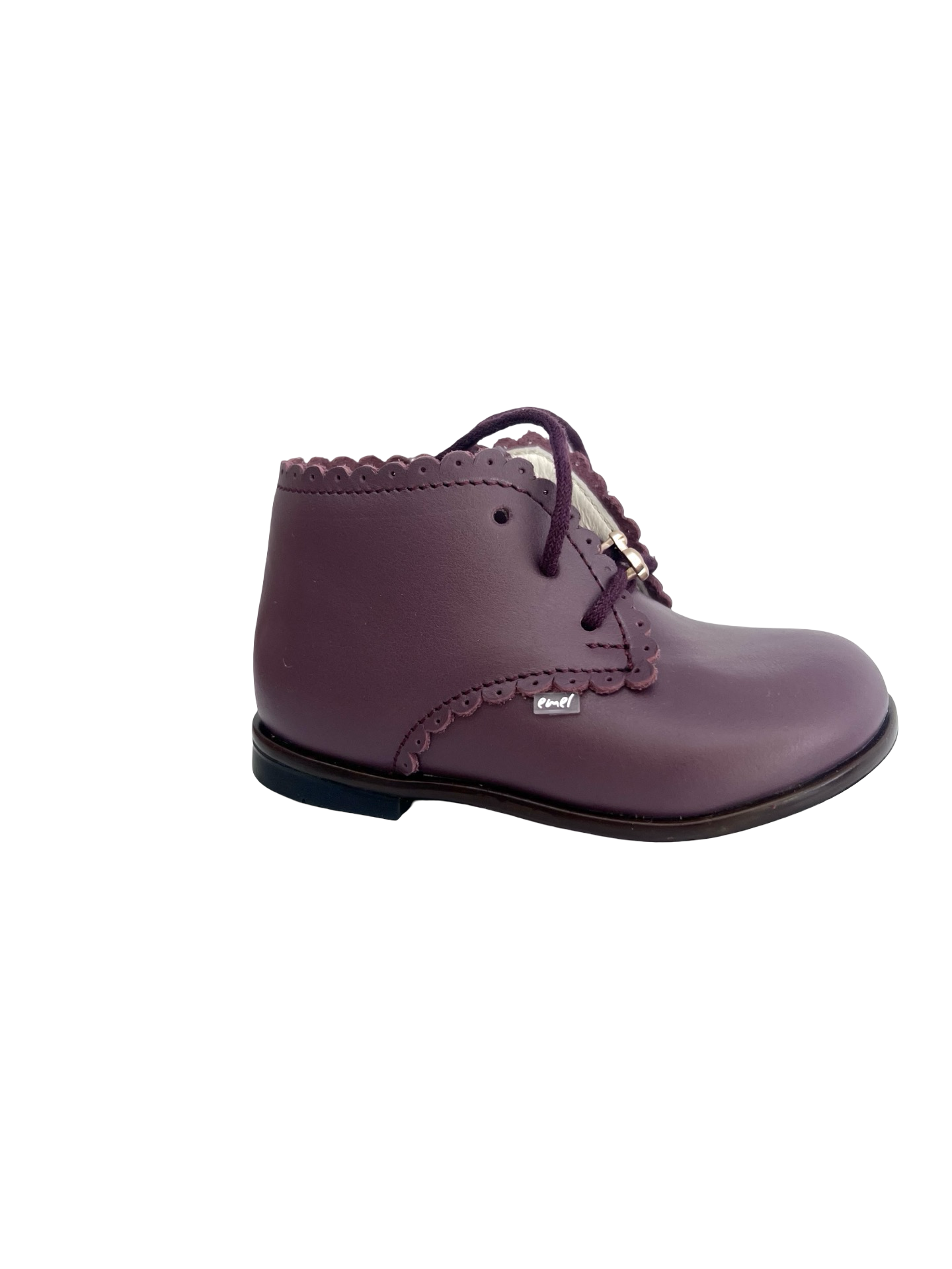 Emel Bordeaux Leather Scalloped Baby Shoe with Removable Cherry Accent