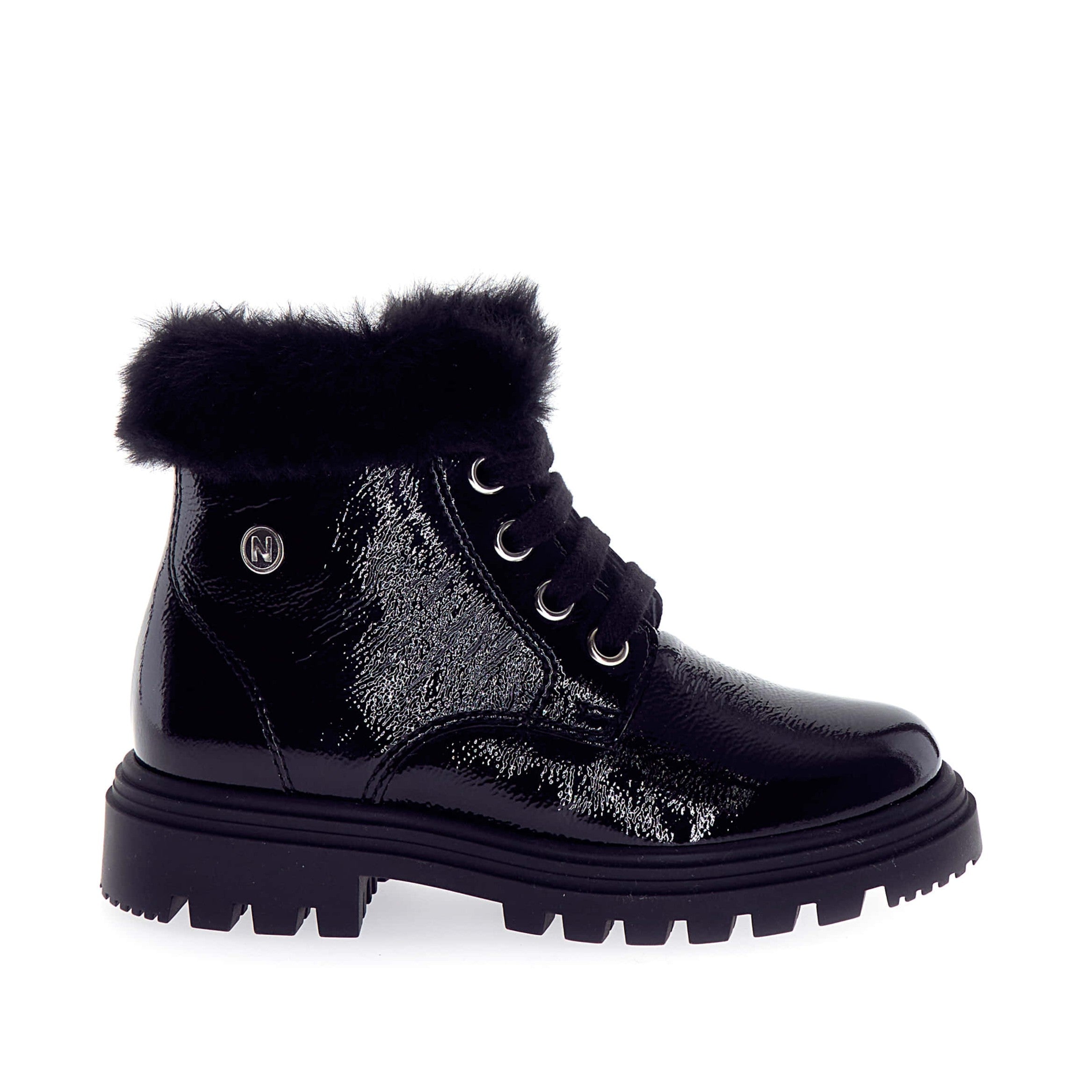 Naturino Black Patent Laced Zip Bootie with Fur Cuff- Clar