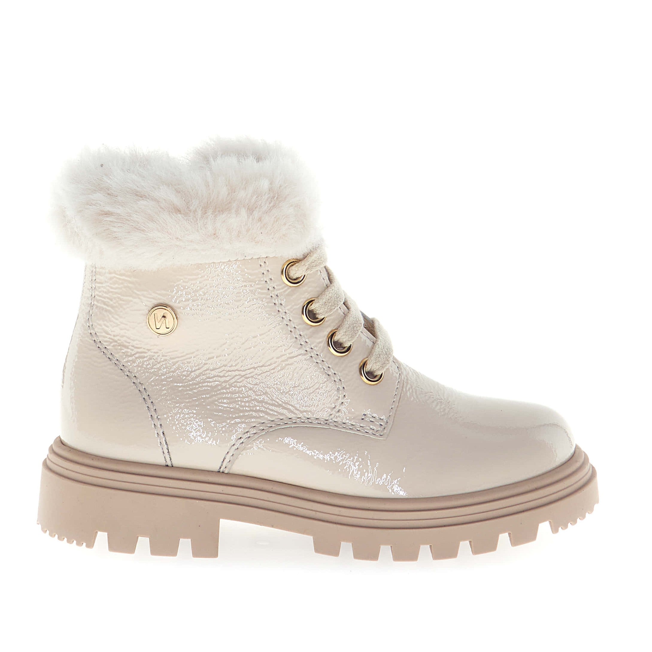 Naturino Beige Patent Laced Zip Bootie with Fur Cuff- Clar