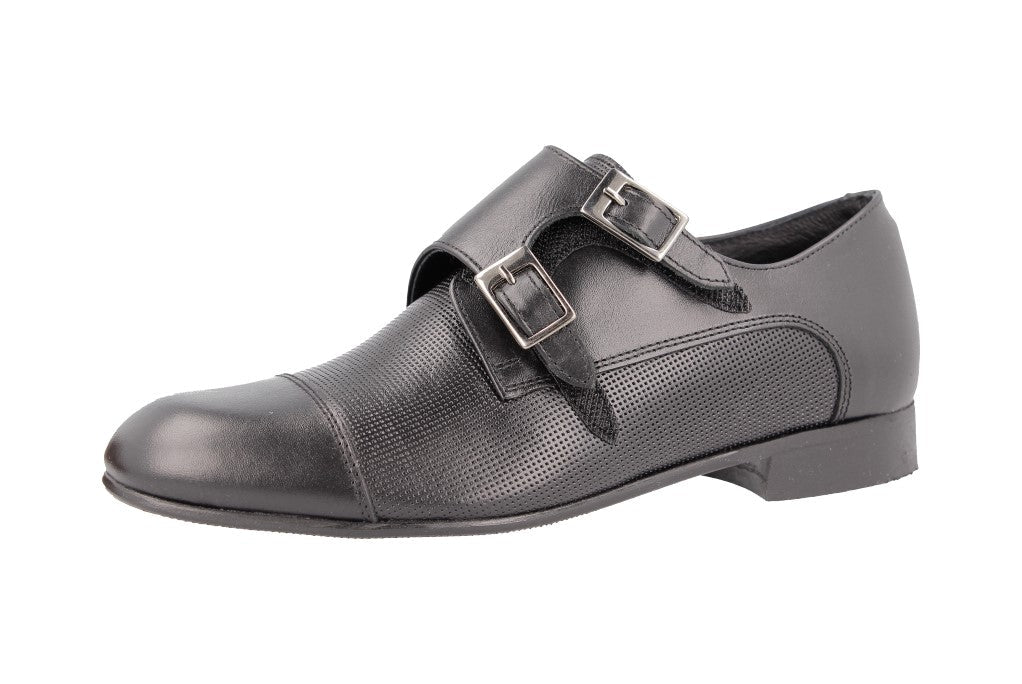 Andanines Black Textured Double Monkstrap Dress Shoe