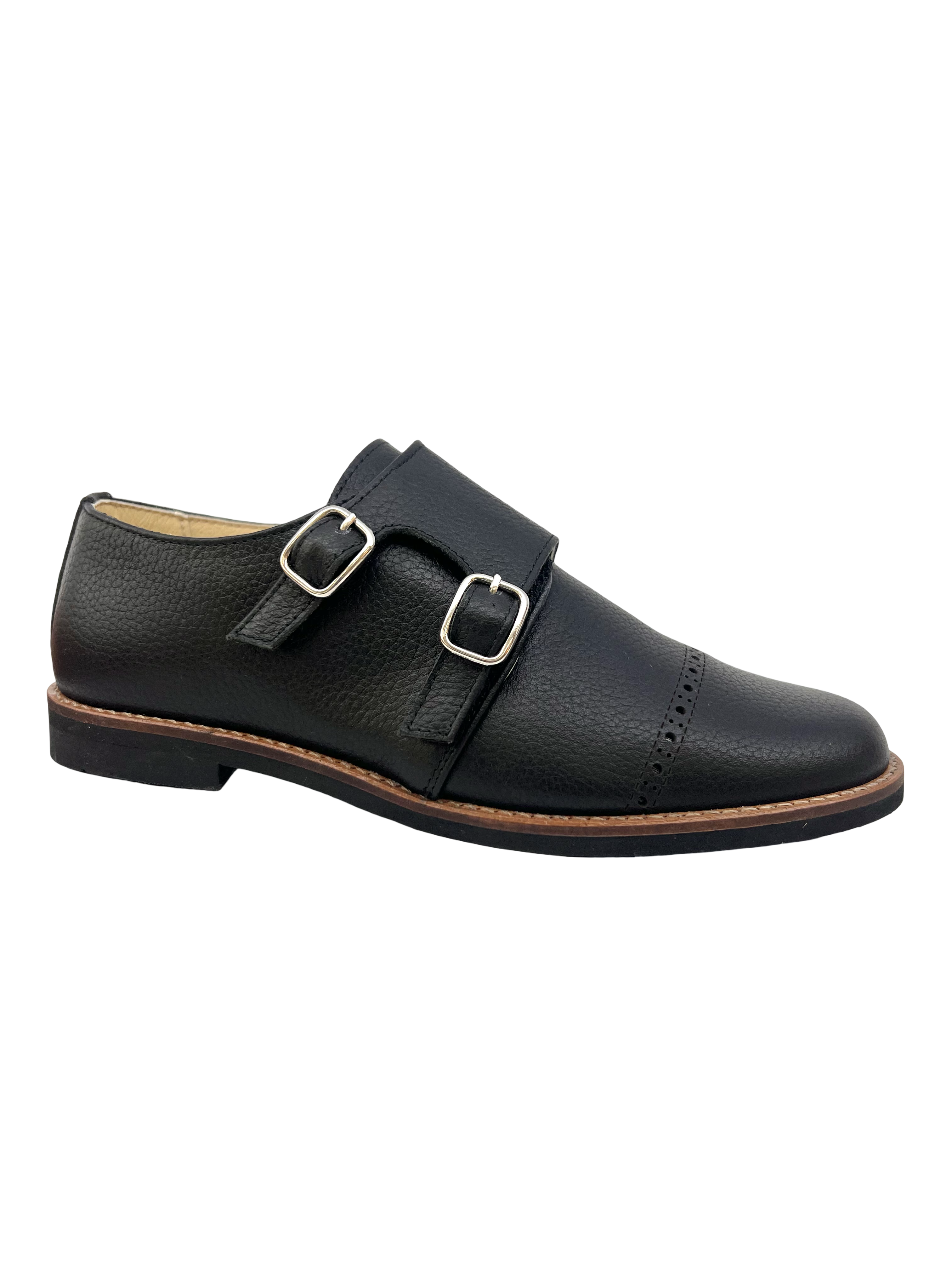 Andanines Black Pebbled Double Buckle Monkstrap Shoe