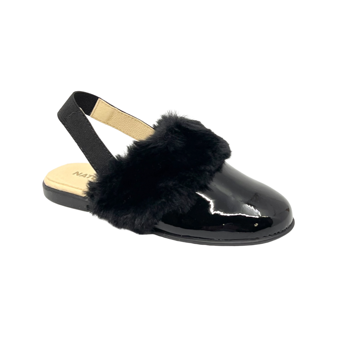 Naturino Black Patent Fur Slingback - Toocuutie
