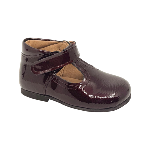 Maria Catalan Bordeaux Saffiano Patent T-Strap Baby Shoe