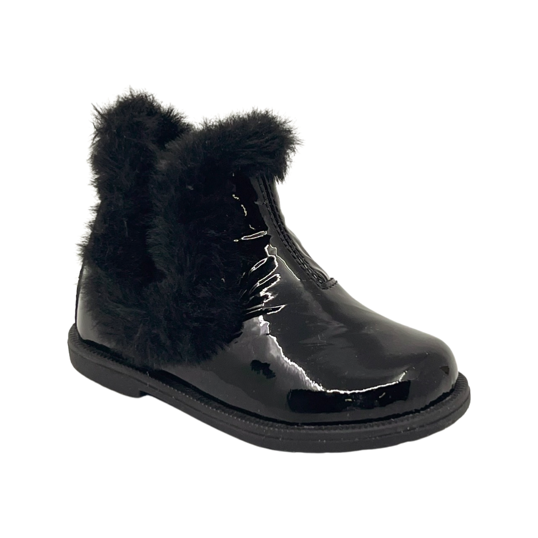 Falcotto Black Patent Fur Zip Bootie- Winter Wood