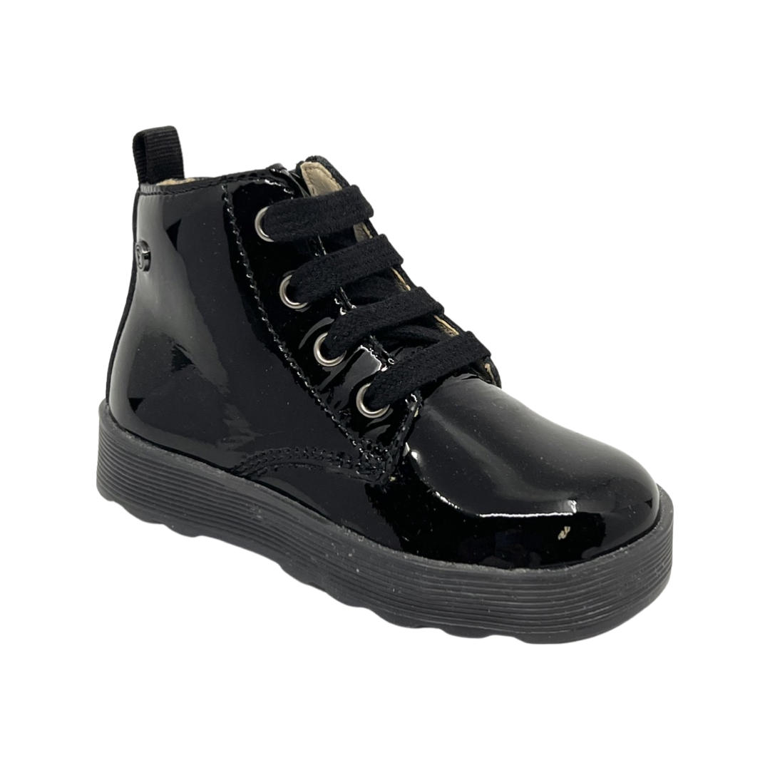 Falcotto Black Patent Laced Baby Bootie with Zip- Arawn
