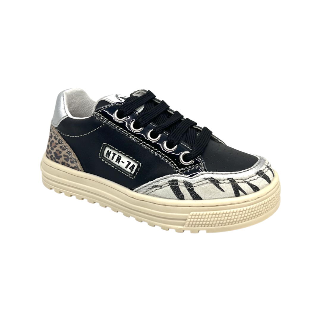 Naturino Black Animal Print Laced Zip Sneaker- Ariton