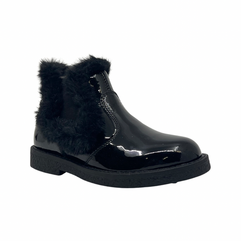 Naturino Black Patent Zip Bootie with Fur Trim- Arthur